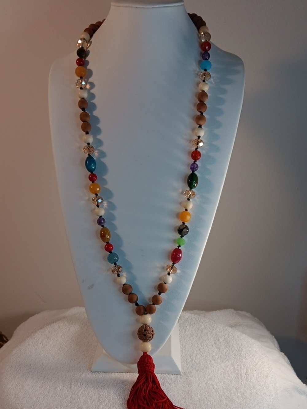 Handcrafted Multicolor Bead Necklace with Red Tassel
